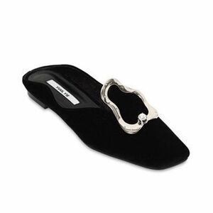 Black Velvet Slip-On Mule with Silver Decorative Buckle